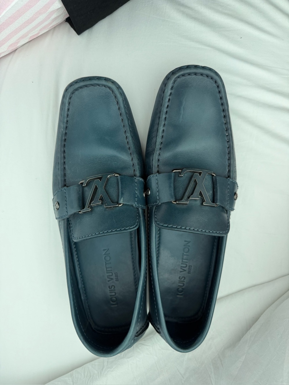 Louis Vuitton Men's Teal Blue Leather Loafers with LV Buckle